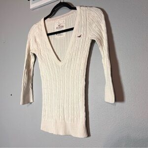 Vintage Hollister Cable Knit Sweater Cream Deep V-Neck Y2K size Medium Cotton